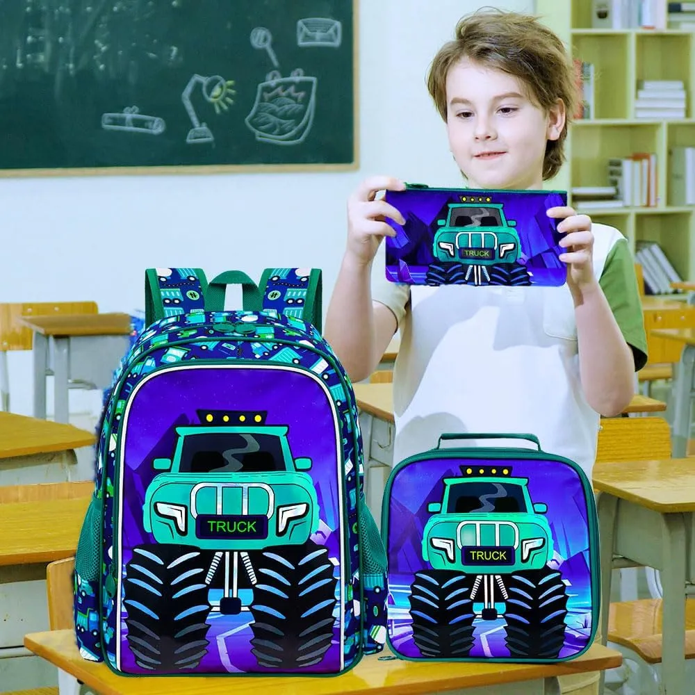 KLFVB 3PCS Boys Truck Bookbag, Water Resistant Kids Backpack with Lunch Box, 16" Preschool Backpacks for Elementary - Truck Green