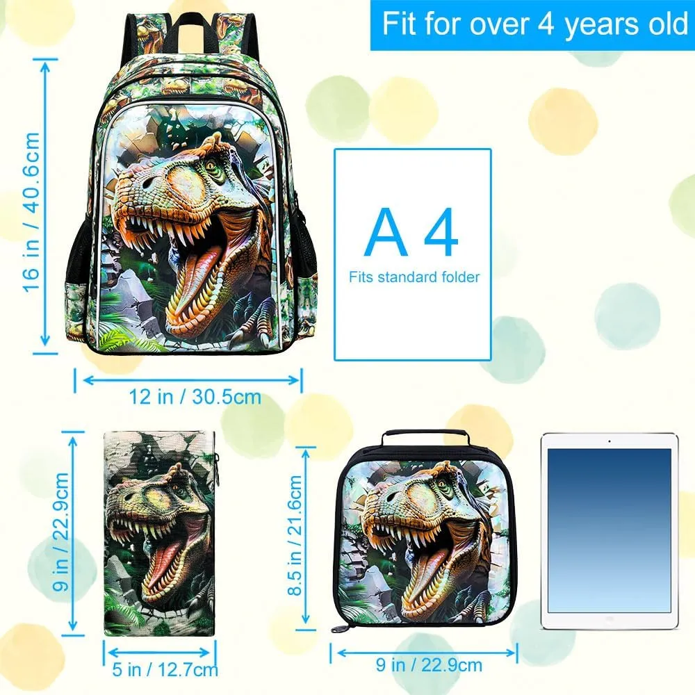 KLFVB 3PCS Dinosaur Backpack for Boys, 16" Kids Bookbag and Lunch Box, Preschool Backpacks for Elementary Students