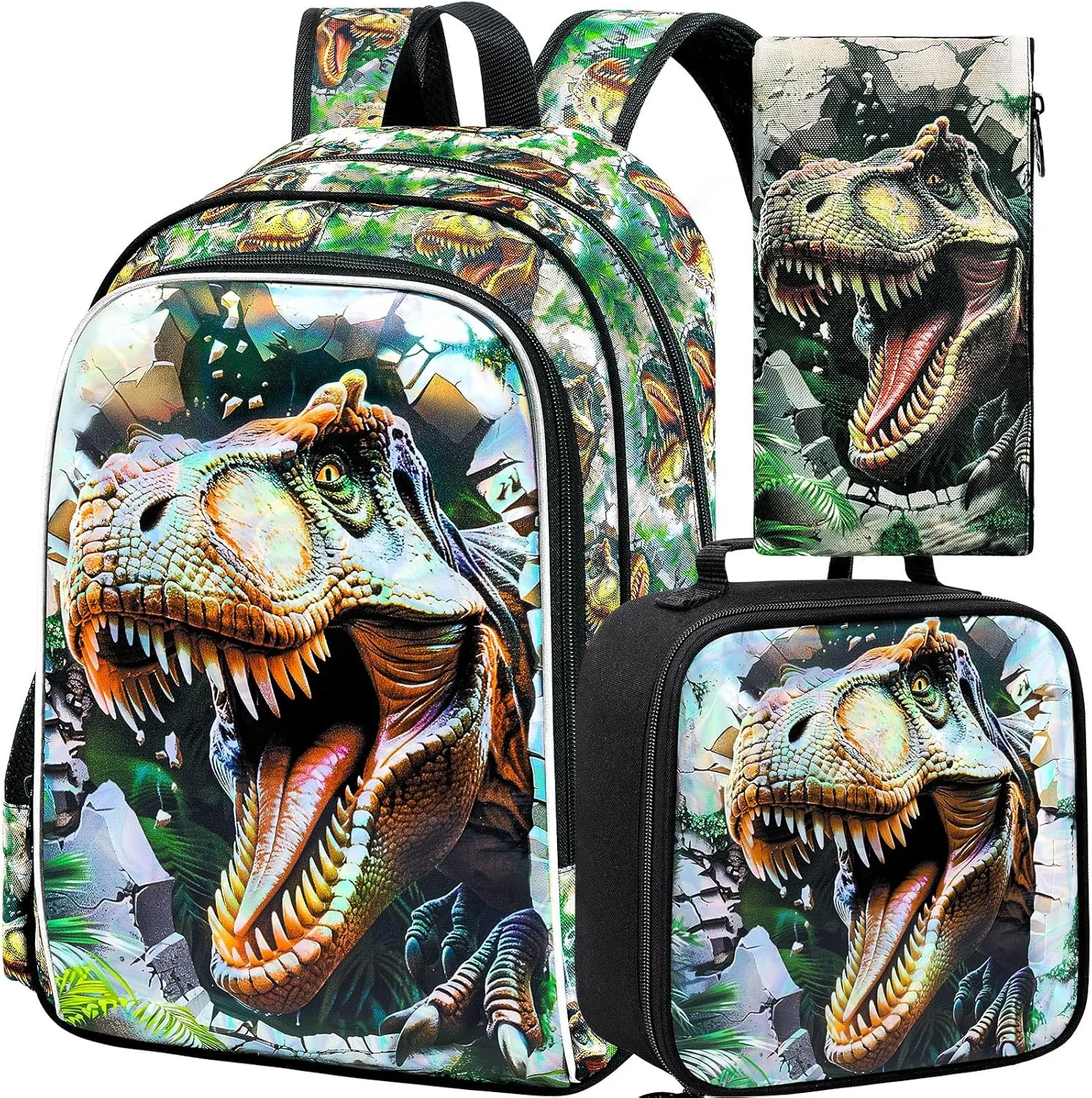 KLFVB 3PCS Dinosaur Backpack for Boys, 16" Kids Bookbag and Lunch Box, Preschool Backpacks for Elementary Students