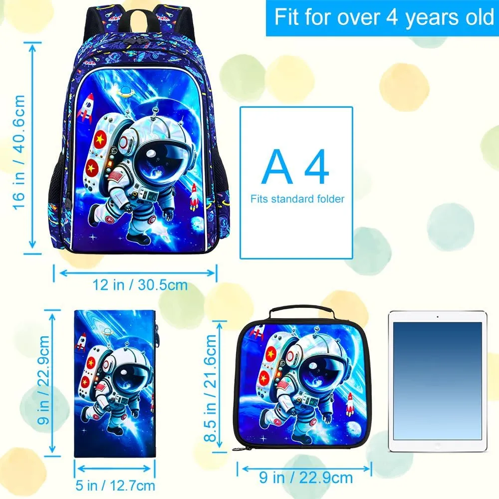 KLFVB 3PCS Dinosaur Backpack for Boys, 16" Kids Bookbag and Lunch Box, Preschool Backpacks for Elementary Students