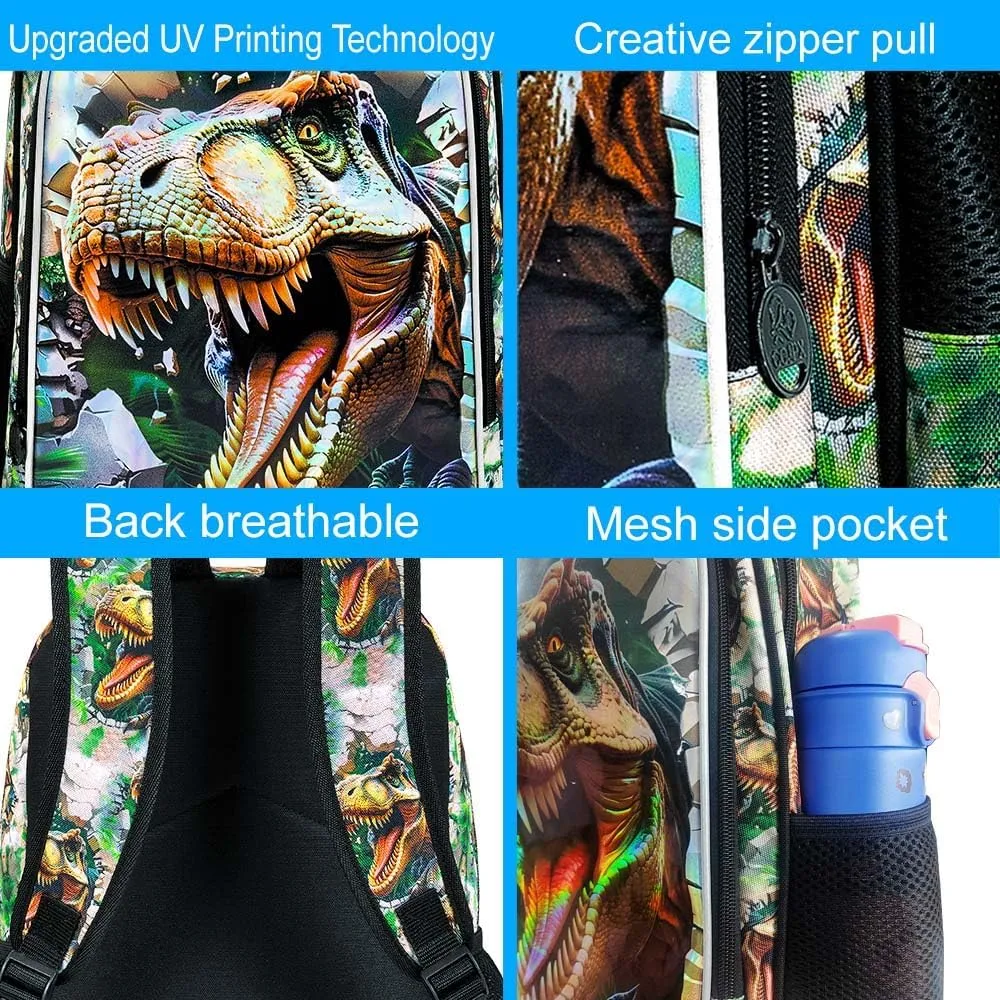 KLFVB 3PCS Dinosaur Backpack for Boys, 16" Kids Bookbag and Lunch Box, Preschool Backpacks for Elementary Students
