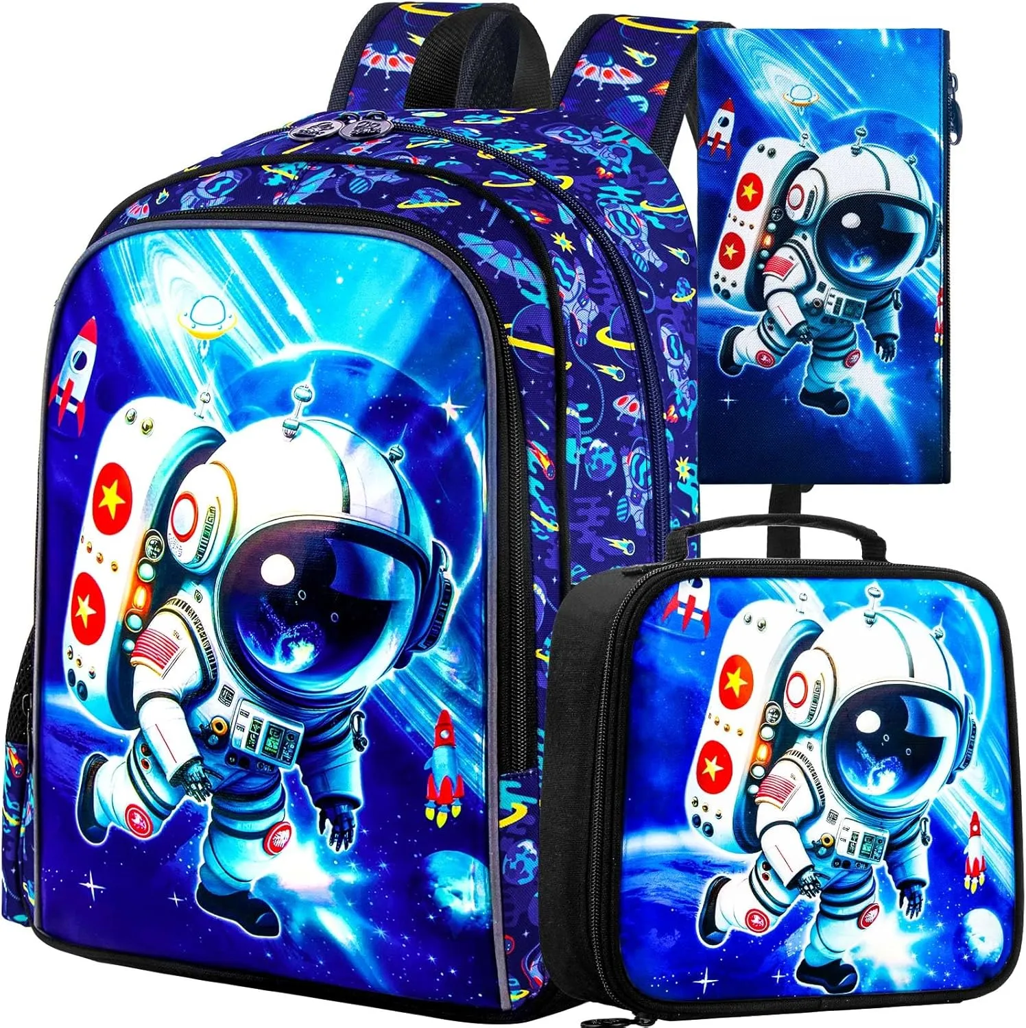 KLFVB 3PCS Dinosaur Backpack for Boys, 16" Kids Bookbag and Lunch Box, Preschool Backpacks for Elementary Students