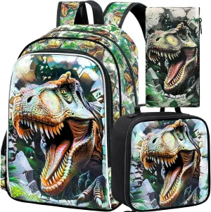KLFVB 3PCS Dinosaur Backpack for Boys, 16" Kids Bookbag and Lunch Box, Preschool Backpacks for Elementary Students