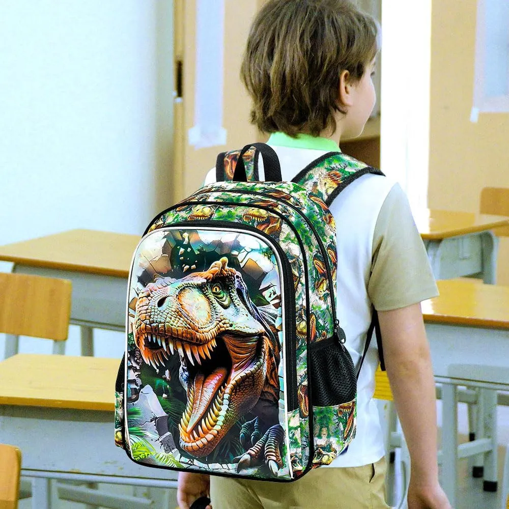 KLFVB 3PCS Dinosaur Backpack for Boys, 16" Kids Bookbag and Lunch Box, Preschool Backpacks for Elementary Students
