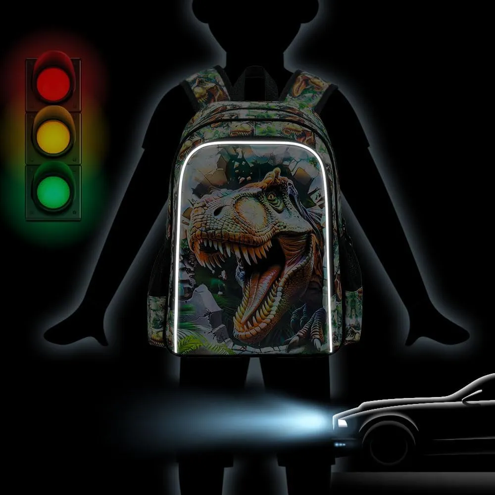 KLFVB 3PCS Dinosaur Backpack for Boys, 16" Kids Bookbag and Lunch Box, Preschool Backpacks for Elementary Students