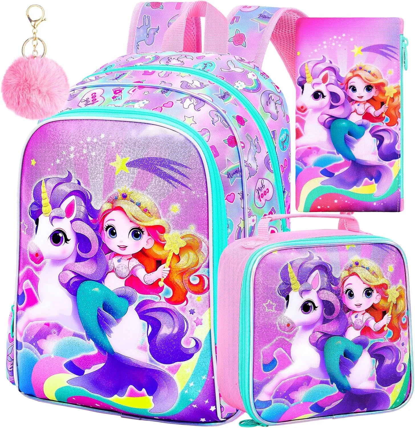 KLFVB 3PCS Girls Mermaid Backpack, Water Resistant Kids Unicorn Bookbag with Lunch Box, 16" Preschool Backpacks for Elementary