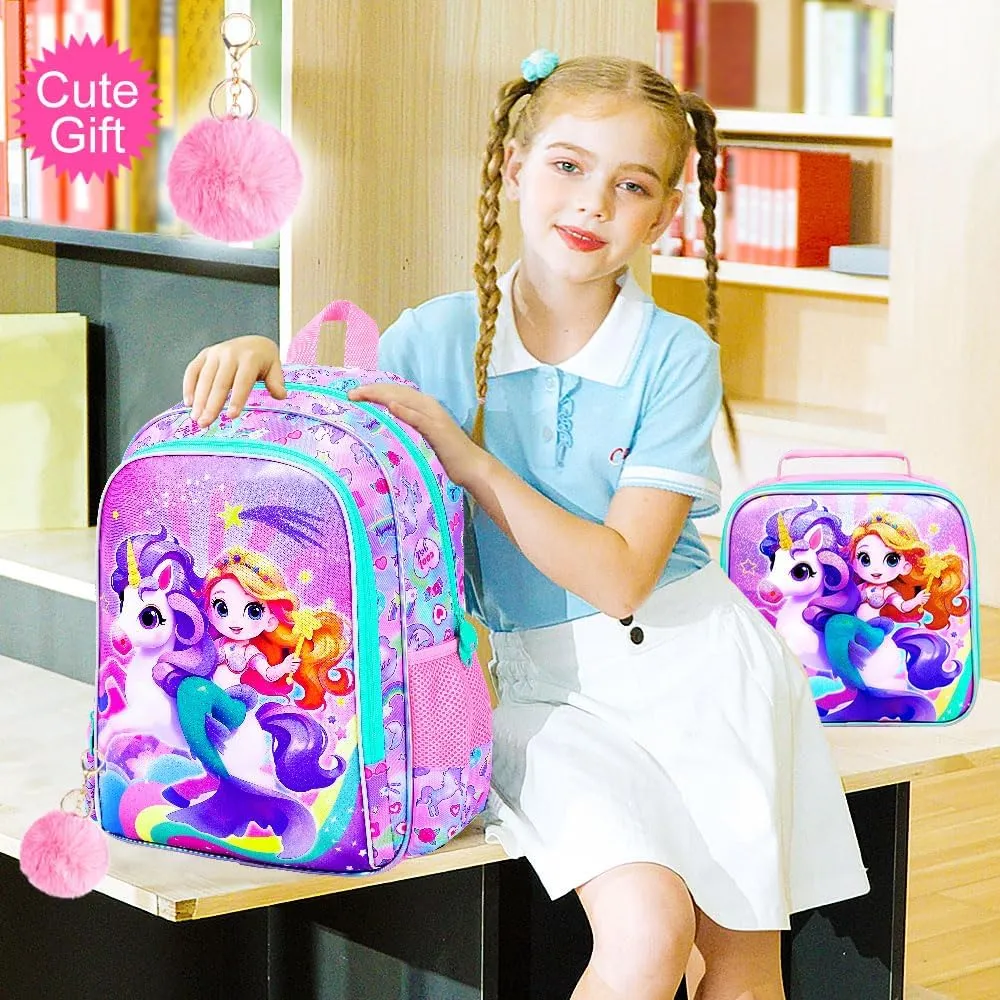KLFVB 3PCS Girls Mermaid Backpack, Water Resistant Kids Unicorn Bookbag with Lunch Box, 16" Preschool Backpacks for Elementary