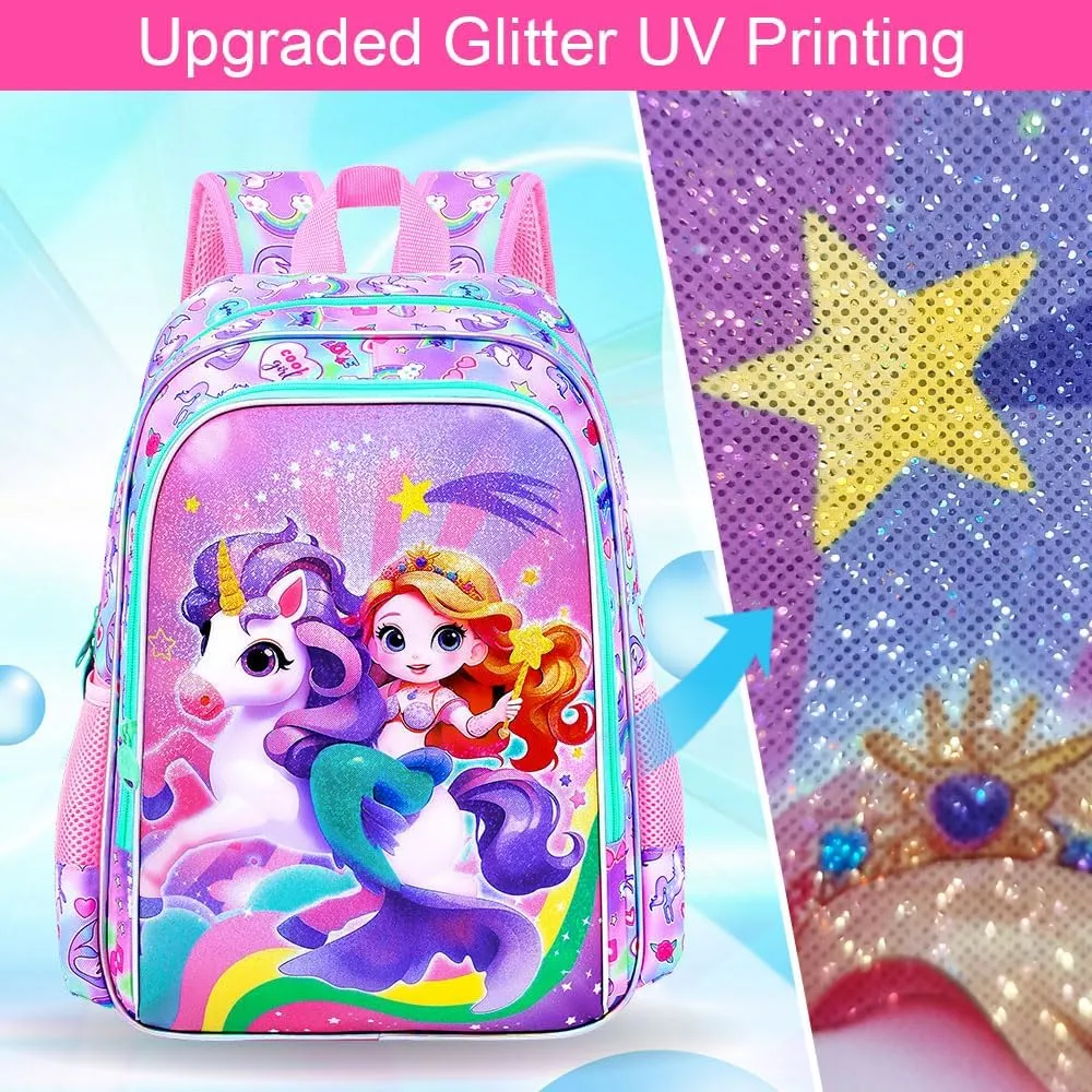 KLFVB 3PCS Girls Mermaid Backpack, Water Resistant Kids Unicorn Bookbag with Lunch Box, 16" Preschool Backpacks for Elementary