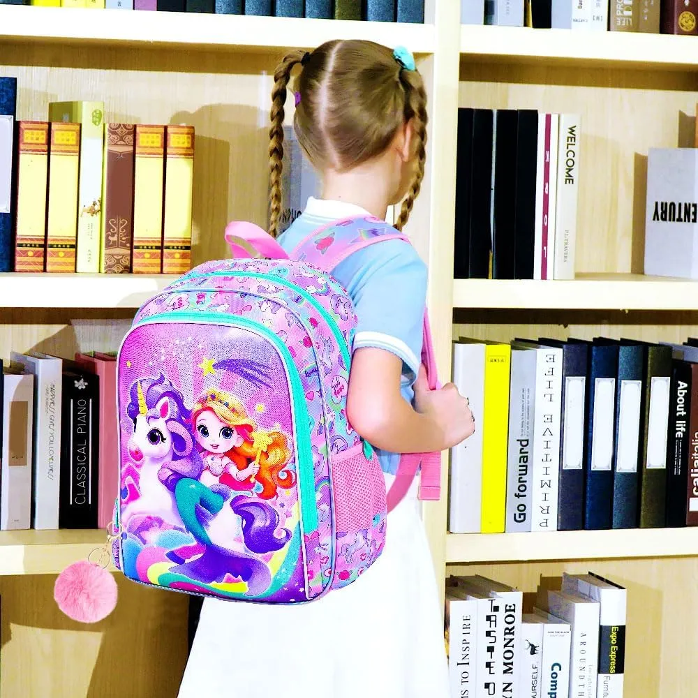 KLFVB 3PCS Girls Mermaid Backpack, Water Resistant Kids Unicorn Bookbag with Lunch Box, 16" Preschool Backpacks for Elementary