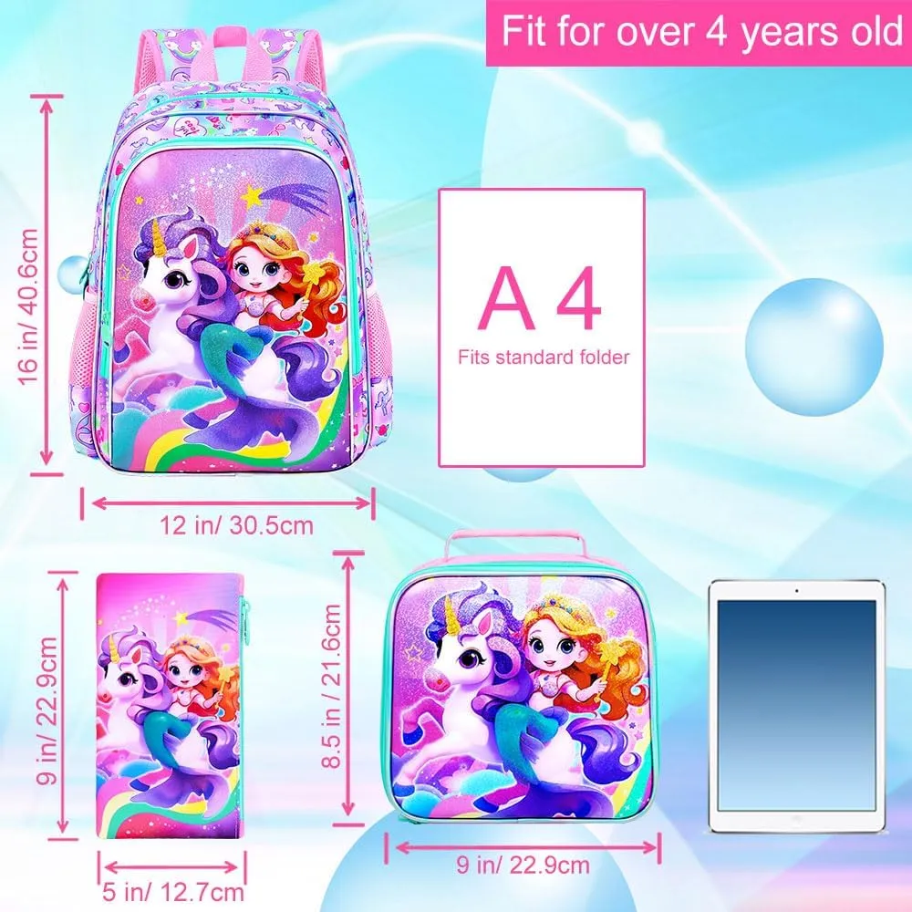 KLFVB 3PCS Girls Mermaid Backpack, Water Resistant Kids Unicorn Bookbag with Lunch Box, 16" Preschool Backpacks for Elementary