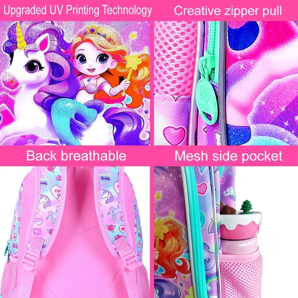 KLFVB 3PCS Girls Mermaid Backpack, Water Resistant Kids Unicorn Bookbag with Lunch Box, 16" Preschool Backpacks for Elementary