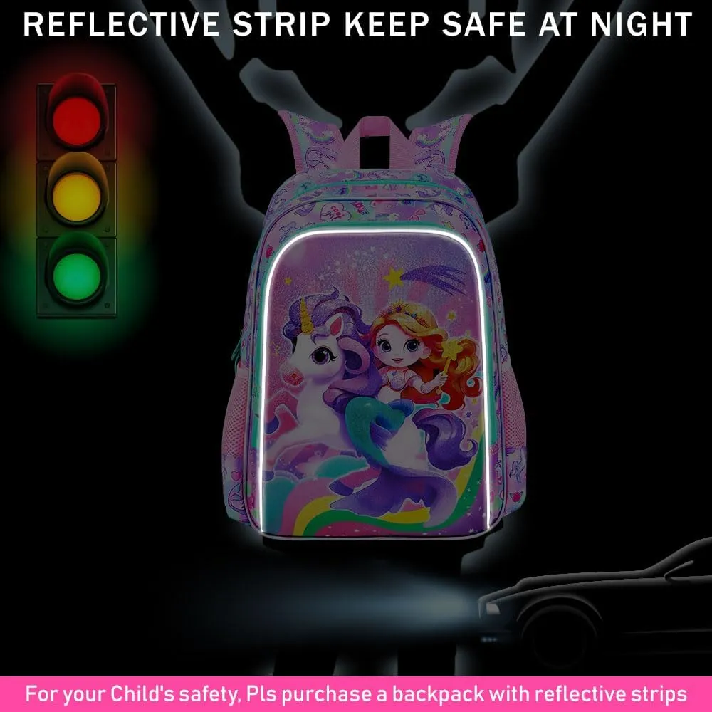 KLFVB 3PCS Girls Mermaid Backpack, Water Resistant Kids Unicorn Bookbag with Lunch Box, 16" Preschool Backpacks for Elementary