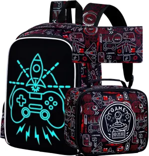 KLFVB 3PCS Kids Backpack, Luminous School Backpacks with Lunch Box, 17" Water Resistant Boys Camo Bookbag for Middle Elementary Teens to School Travel - Luminous Game