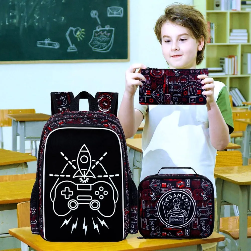 KLFVB 3PCS Kids Backpack, Luminous School Backpacks with Lunch Box, 17" Water Resistant Boys Camo Bookbag for Middle Elementary Teens to School Travel - Luminous Game
