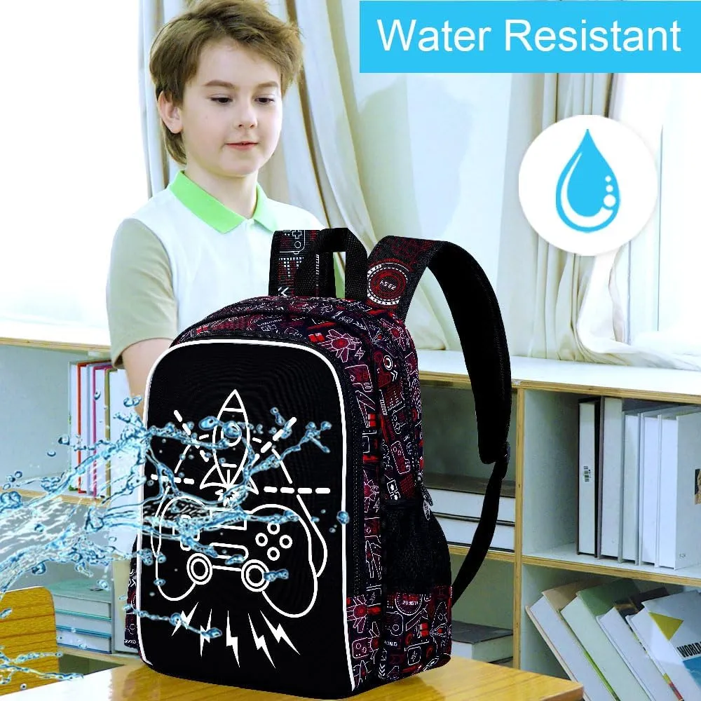 KLFVB 3PCS Kids Backpack, Luminous School Backpacks with Lunch Box, 17" Water Resistant Boys Camo Bookbag for Middle Elementary Teens to School Travel - Luminous Game