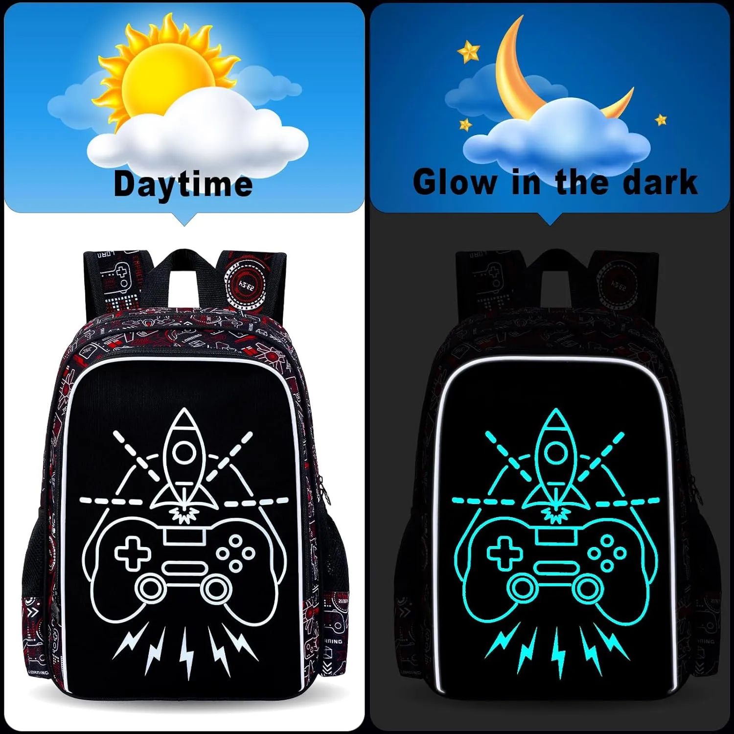KLFVB 3PCS Kids Backpack, Luminous School Backpacks with Lunch Box, 17" Water Resistant Boys Camo Bookbag for Middle Elementary Teens to School Travel - Luminous Game