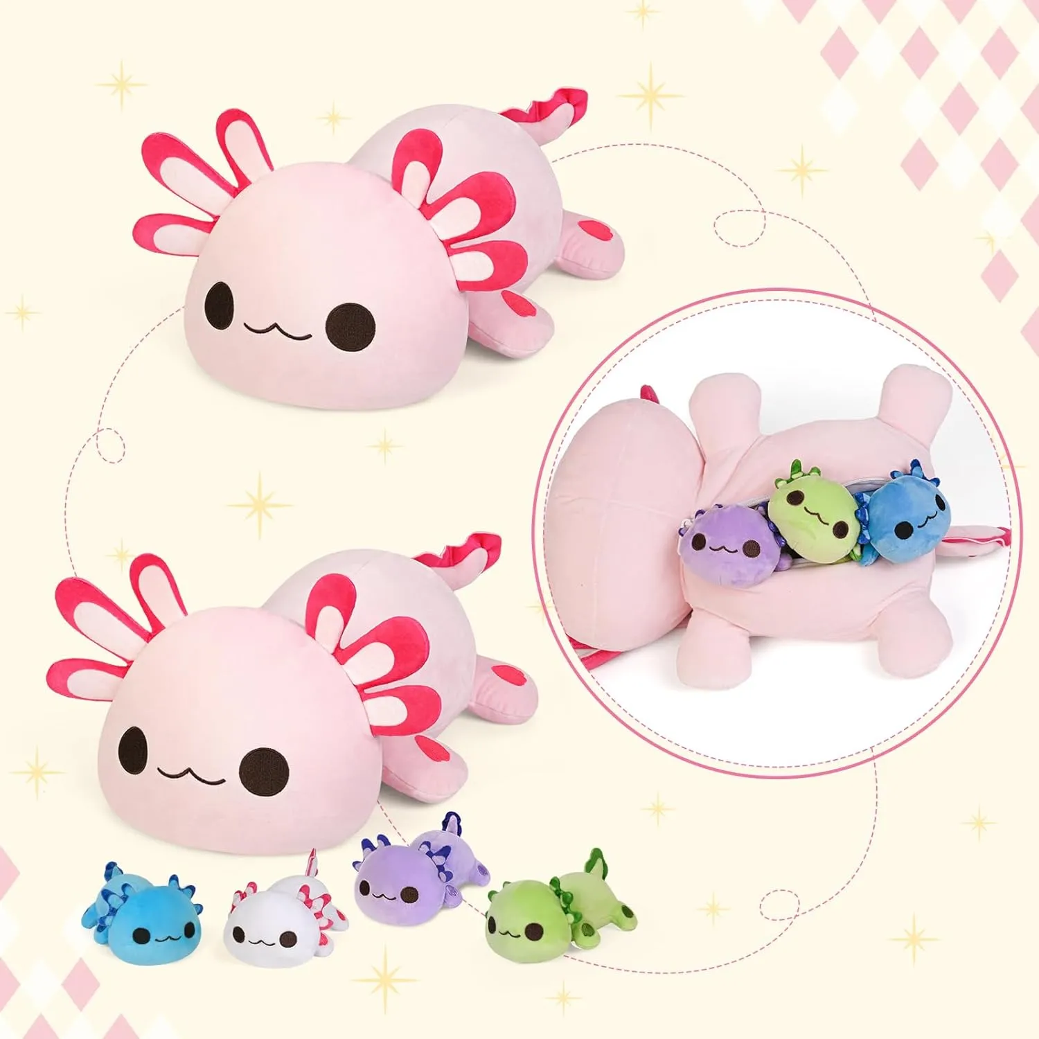 KMUYSL Axolotl Plush Toys for Ages 3 4 5 6 7 8  Year Old- Axolotl Mommy Stuffed Animal with 4 Baby Axolotls in Her Tummy, Plush Toys Set, Christmas Birthday Gifts for Baby, Toddler, Kids