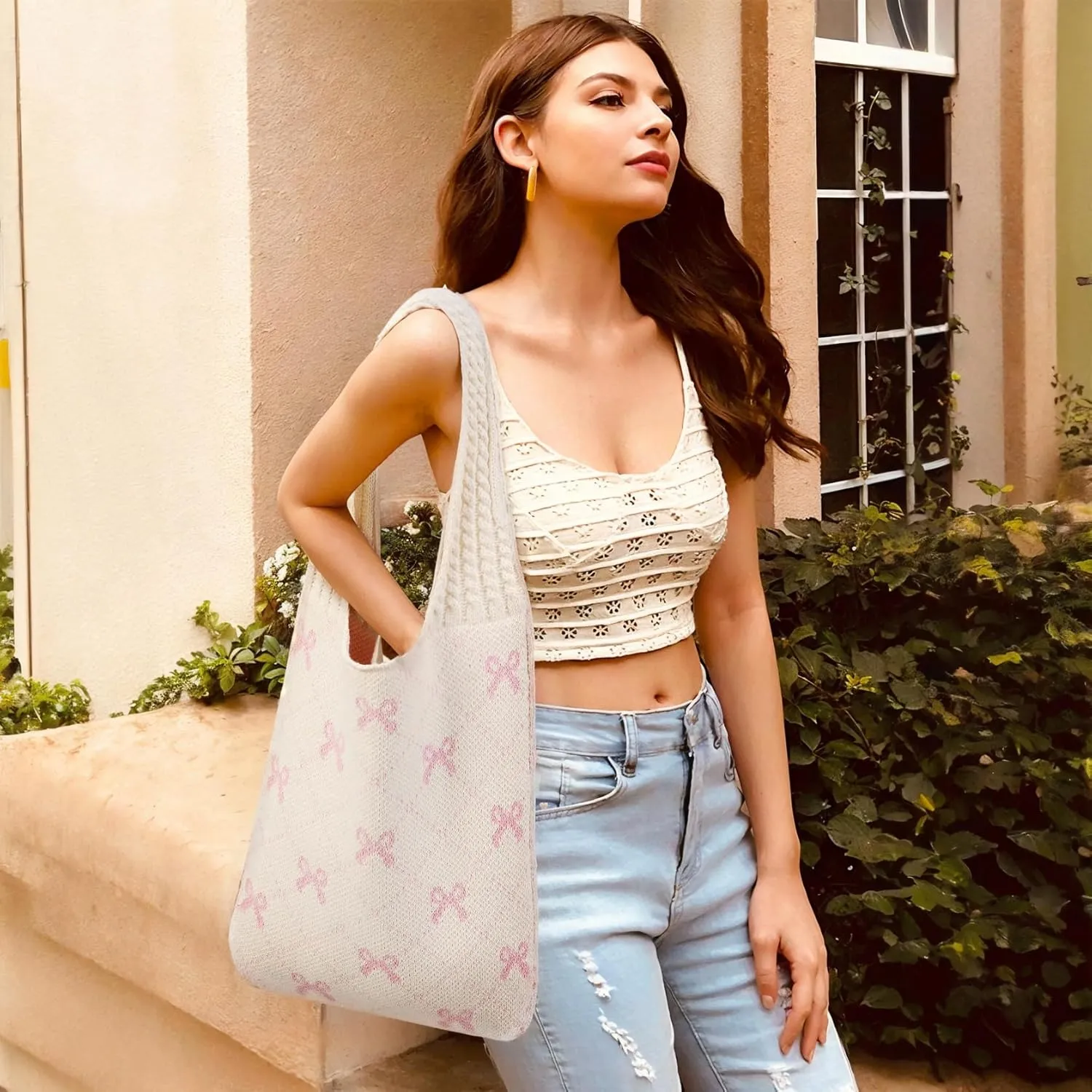Knitted Shoulder Tote Bag Large Crochet Beach Bag Hobo Bag Aesthetic Tote Handbags for Women