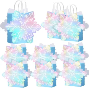 Kolldenn 24 Pack Snowflake Paper Bag Princess Baby Shower Holographic Gift Blue Snowflake Party Favor Candy Treat Goodie Bag with Handle for Holiday Birthday Wonderland Party Supplies