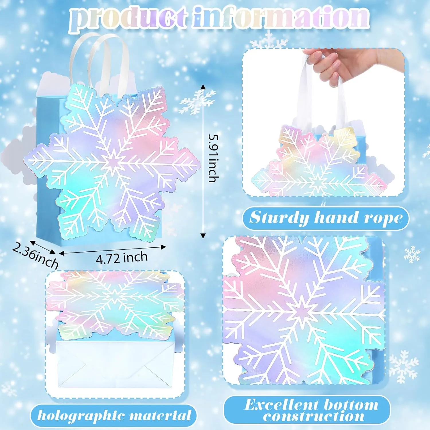 Kolldenn 24 Pack Snowflake Paper Bag Princess Baby Shower Holographic Gift Blue Snowflake Party Favor Candy Treat Goodie Bag with Handle for Holiday Birthday Wonderland Party Supplies
