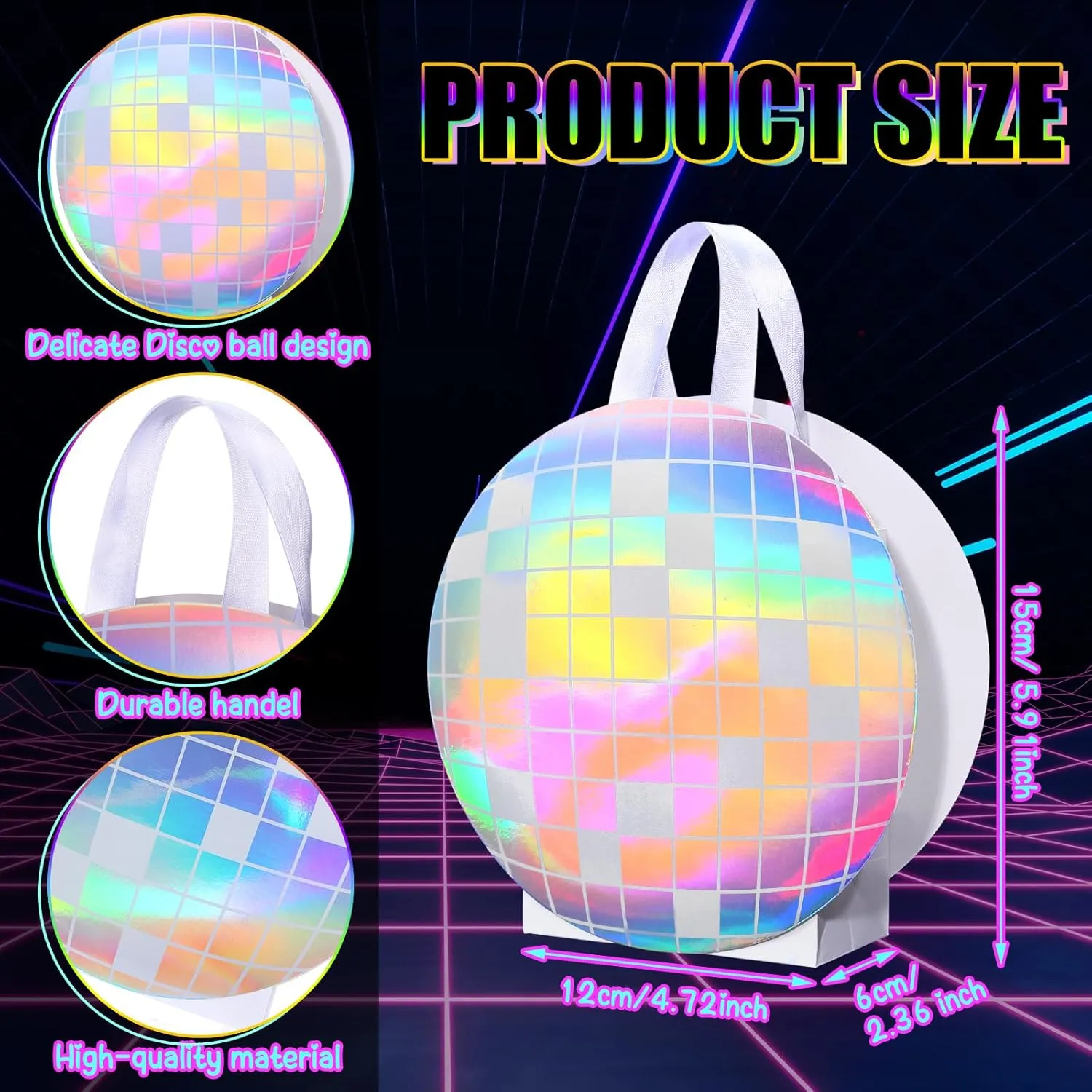 Kolldenn 24 Pcs Disco Ball Holographic Gift Bags Disco Party Favor Iridescent Paper Treat Bags 70s 80s 90s Birthday Party Supplies with Handles for Candy Goodies Wedding Bachelorette Decorations