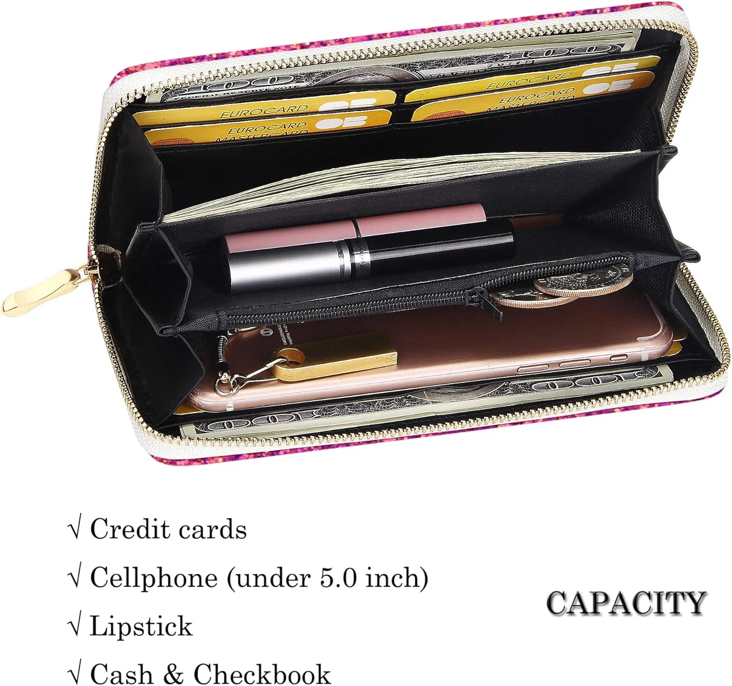 KUKOO Glitter Wallet for Women Shiny Long Phone Clutch Purse Ladies Card Holder
