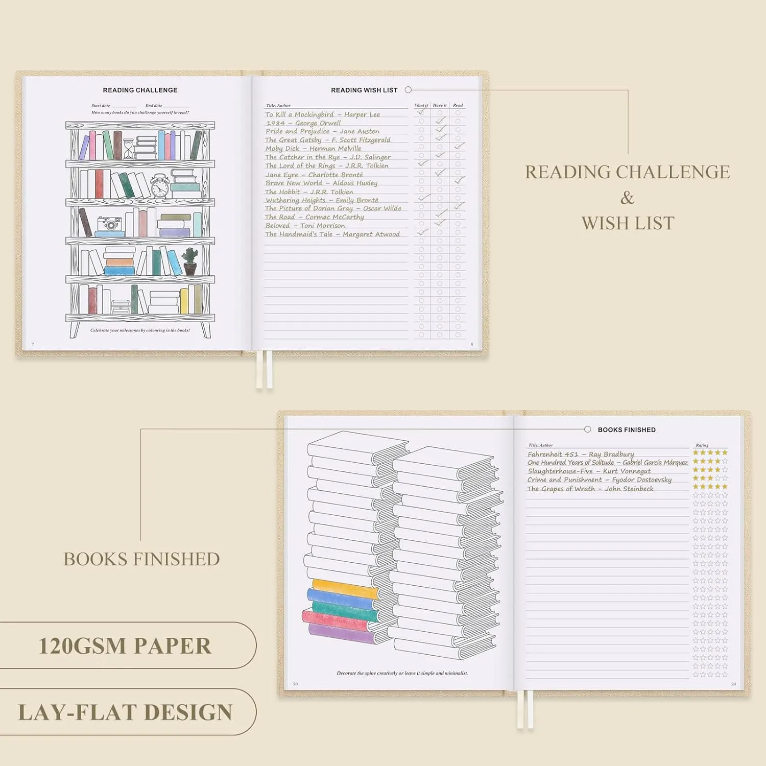 Lanpn Reading Journal Book Journal for Book Lovers Readers, 9.3" x 7.7" Book Tracker Journal, Linen Hardcover Reading Log Book with 52 Book Reviews, 158 Pages Reading Notebook Bookish Gifts (Beige)