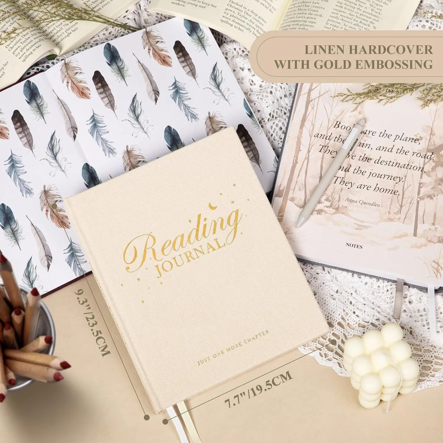Lanpn Reading Journal Book Journal for Book Lovers Readers, 9.3" x 7.7" Book Tracker Journal, Linen Hardcover Reading Log Book with 52 Book Reviews, 158 Pages Reading Notebook Bookish Gifts (Beige)