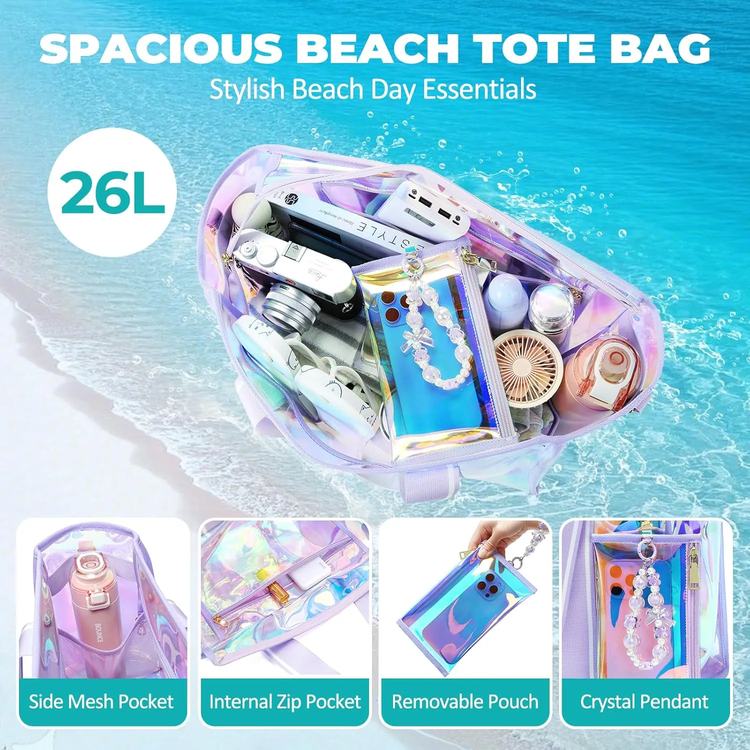 Large Beach Tote Bags for Women, 26L Iridescent Clear Tote Bag, Waterproof Tip-Proof Tote Bag for Beach, Gym