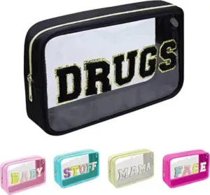 Large Chenille Letters Makeup Bag - Clear Glitter Preppy Patch Stuff Cosmetic Bag, Toiletry Stuff Pouch for Women - Valentines Day Gifts (10.62*6.29*3.54 inch, Black)