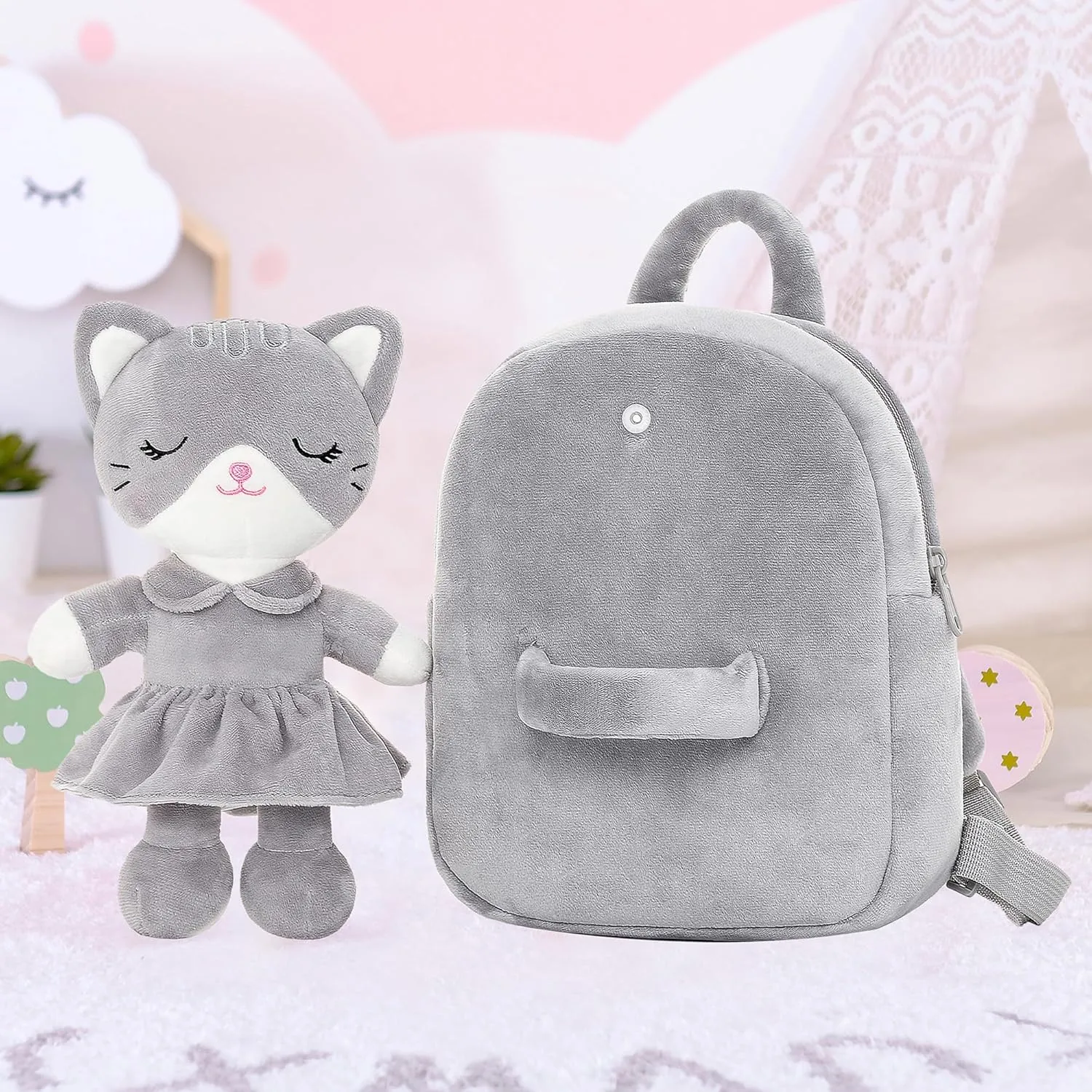 Lazada Kids Backpack Toddler Backpacks Stuffed Animal Cat Toys Small Backpack Gray 9.5"