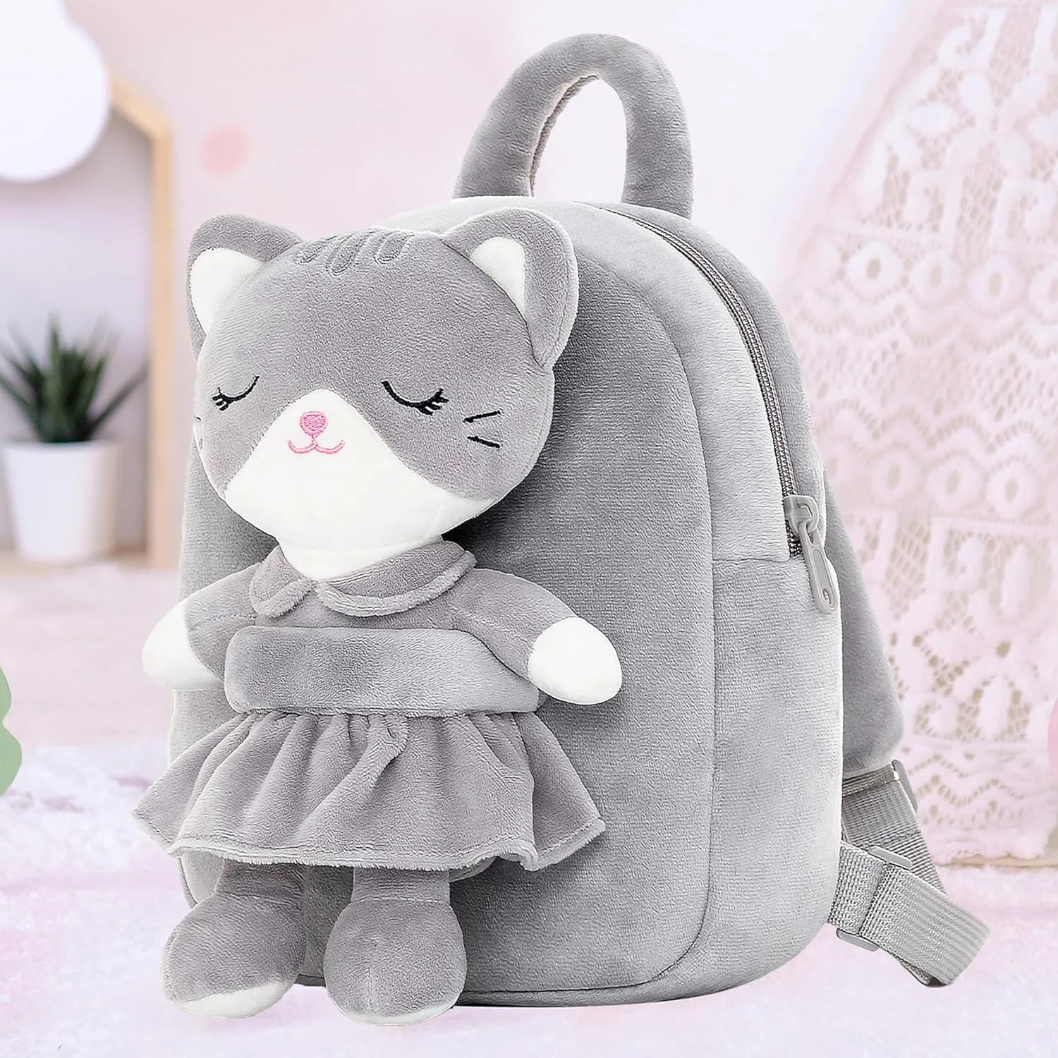 Lazada Kids Backpack Toddler Backpacks Stuffed Animal Cat Toys Small Backpack Gray 9.5"