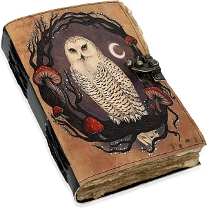 Leather Journal Notebook, 9 x 6 Inch, Owl UV Print, Handmade Vintage Sketchbook, 240 Unlined Deckle Edge Pages, Travel Diary for Men & Women, Brown