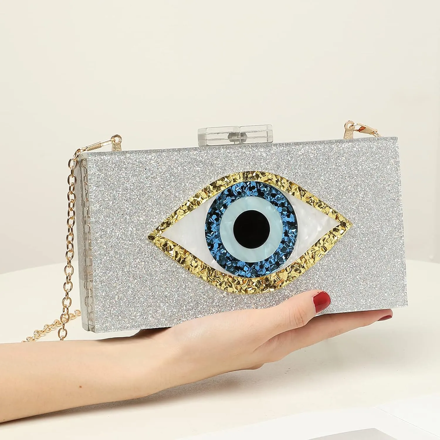 LETODE Clutch Purses for Women-Evil Eye Acrylic Clutch Glitter Purse Evening Bag Chain Shoulder Crossbody Handbags
