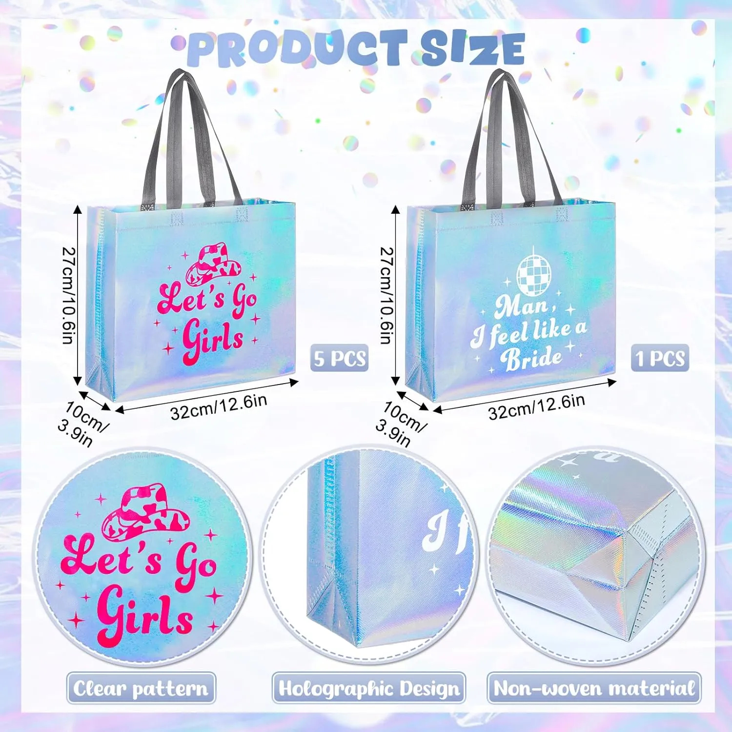 Let's Go Girls Iridescent Gift Bags - Holographic Bachelorette Gift Bags - Glossy Party Favor Bridesmaid Bags