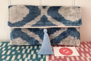 Light Blue & Grey Velvet Ikat Clutch Bag