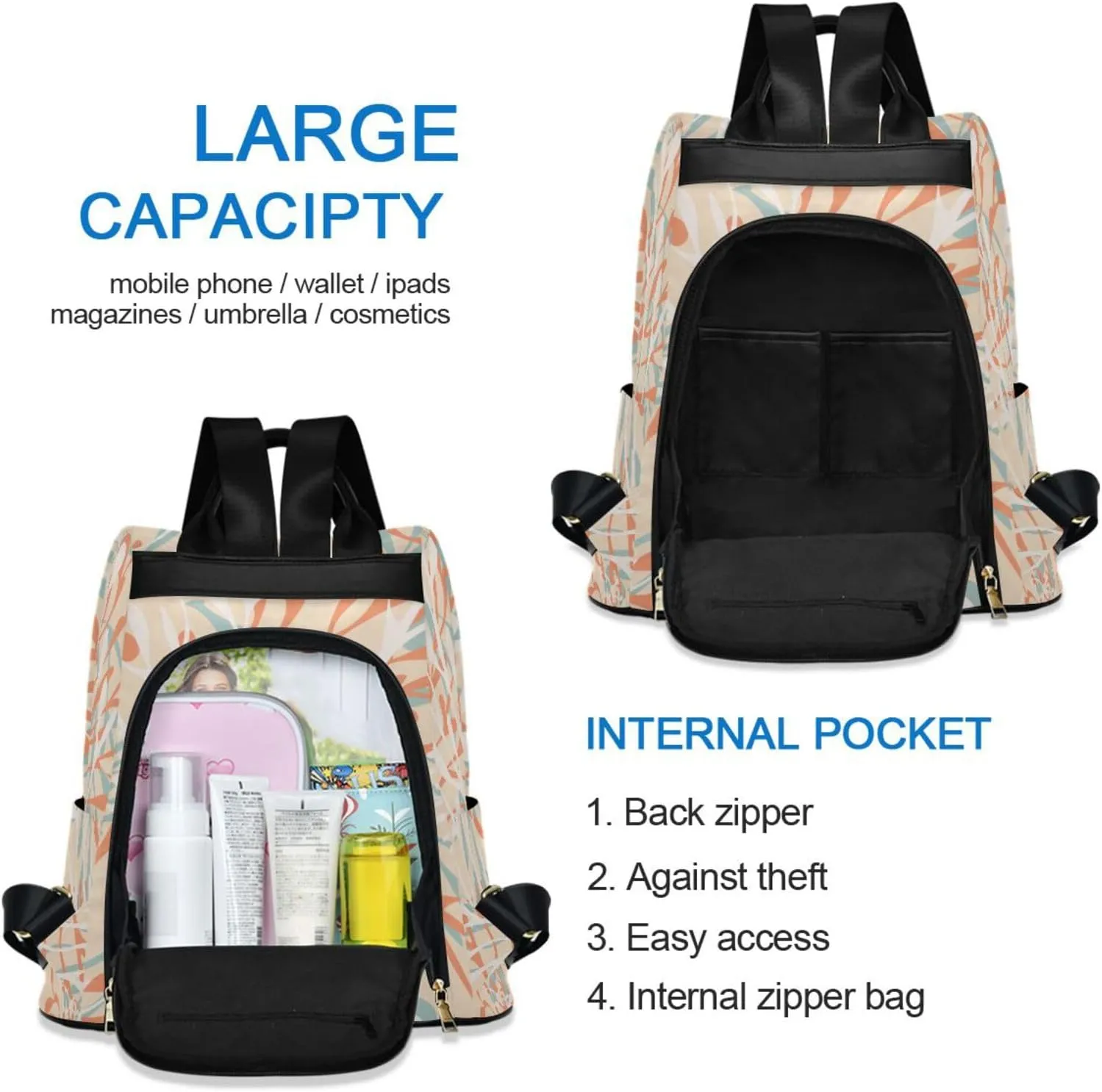 Lightweight Women Backpack Purse Shoulder Bag Casual Daypack Anti-theft Zipper With Pockets 13.4 X 5.9 X 15in Pattern 3