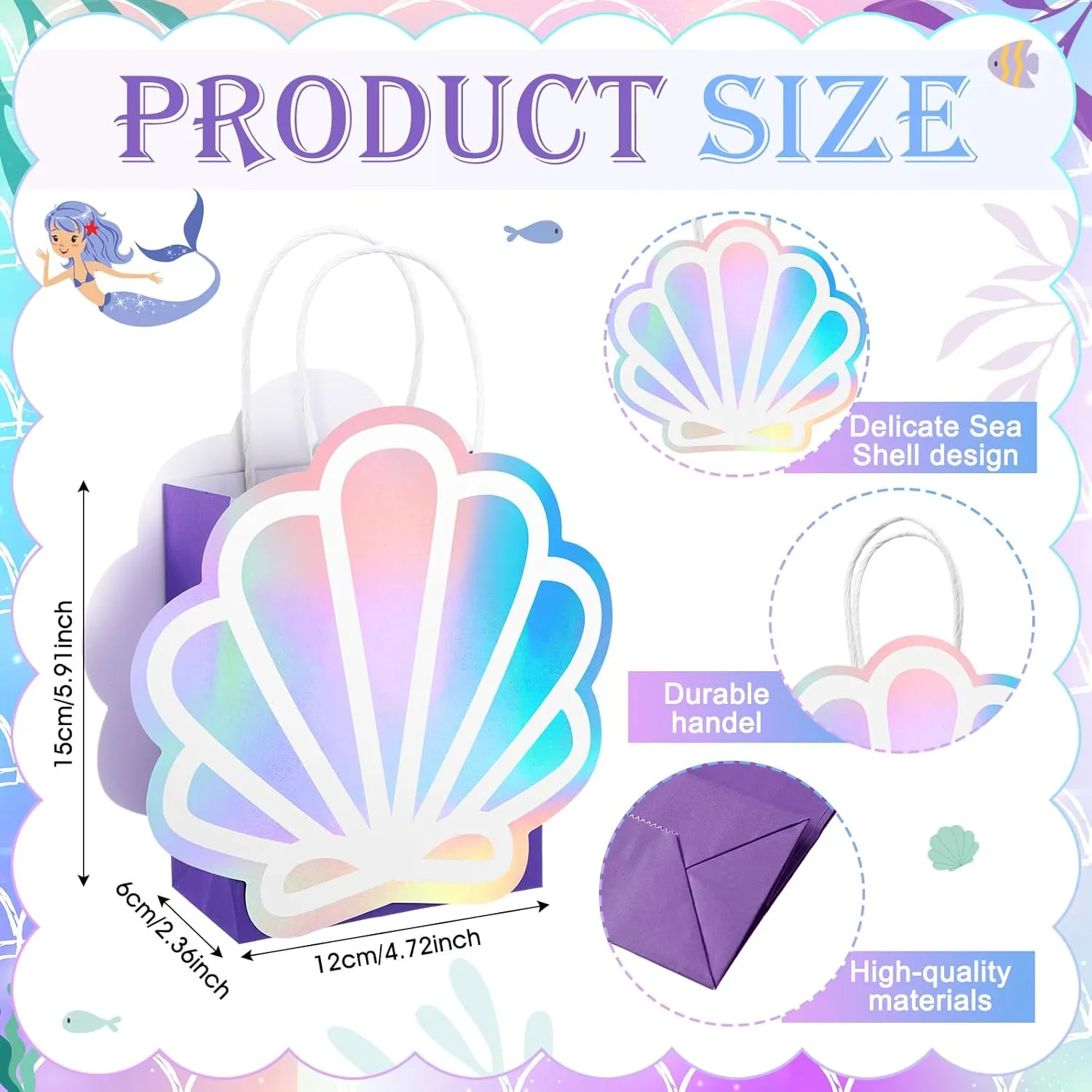 Locmeo 12 Pack Holographic Sea Shell Gift Bags DIY Mermaid Party Favor Bags with Iridescent Shell Paper Cards for Mermaid Themed Supplies Ocean Under the Sea Party Favors