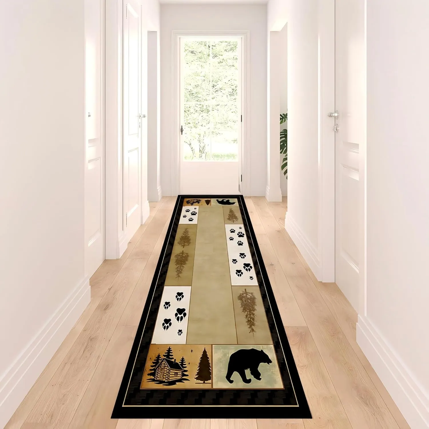 Log Cabin Long Hallway Rug Runners,2x10ft,Vintage Rustic Black Bear Tracks Jungle Runner Rug, Machine Washable Kitchen Rugs, Non Skid Western Hallway Carpet for Entry Indoor Bedroom