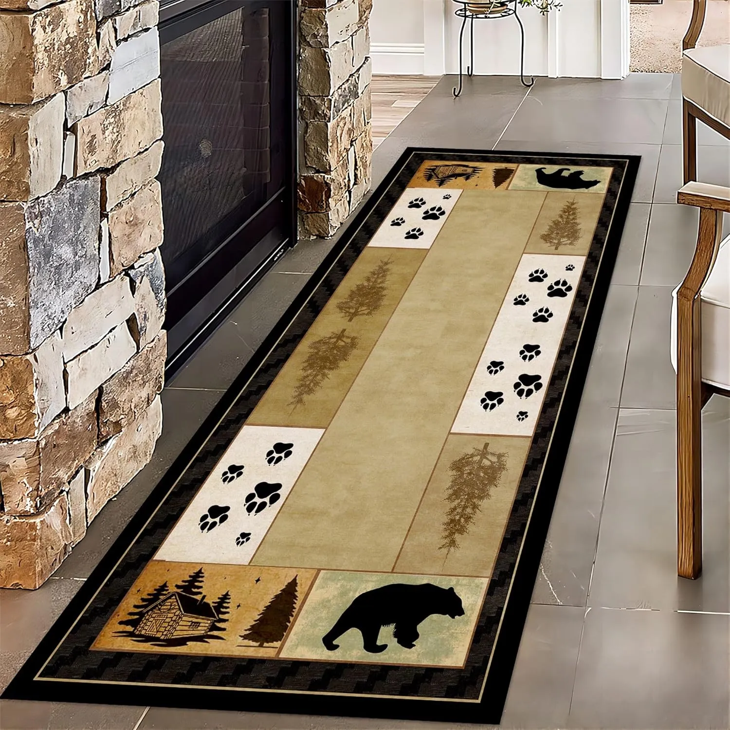 Log Cabin Long Hallway Rug Runners,2x10ft,Vintage Rustic Black Bear Tracks Jungle Runner Rug, Machine Washable Kitchen Rugs, Non Skid Western Hallway Carpet for Entry Indoor Bedroom