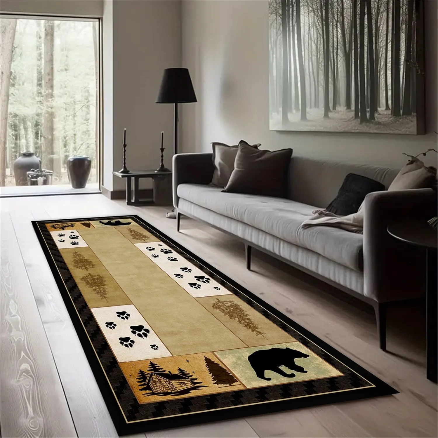 Log Cabin Long Hallway Rug Runners,2x10ft,Vintage Rustic Black Bear Tracks Jungle Runner Rug, Machine Washable Kitchen Rugs, Non Skid Western Hallway Carpet for Entry Indoor Bedroom