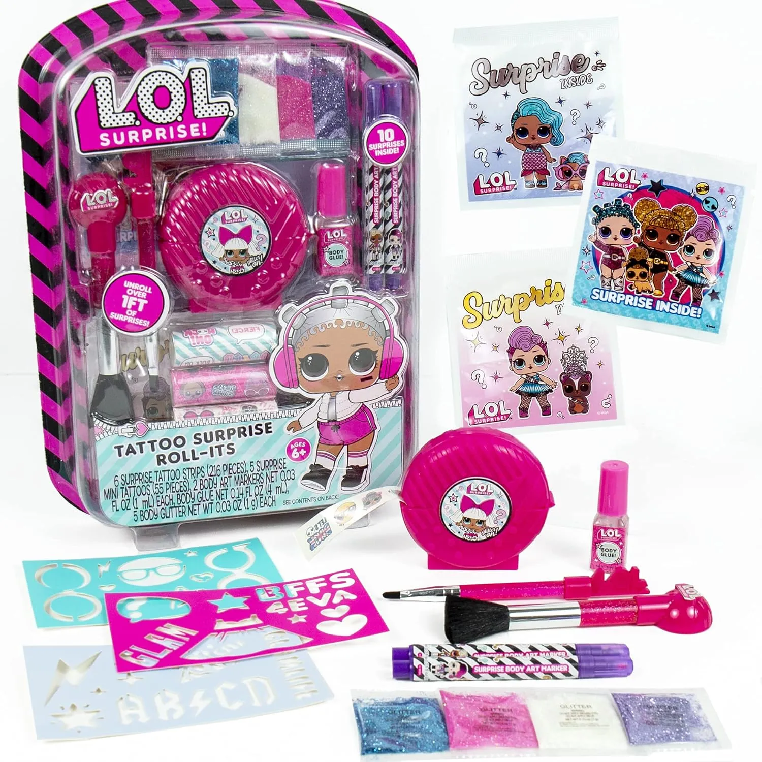 L.O.L. Surprise! Tattoo Roll-Its by Horizon Group USA, LOL Surprise Tattoos for Kids, Unroll Over 1 ft. of Surprises, Includes Temporary Tattoos, Body Art Markers, Stencils, Glitter, Body Gems & More
