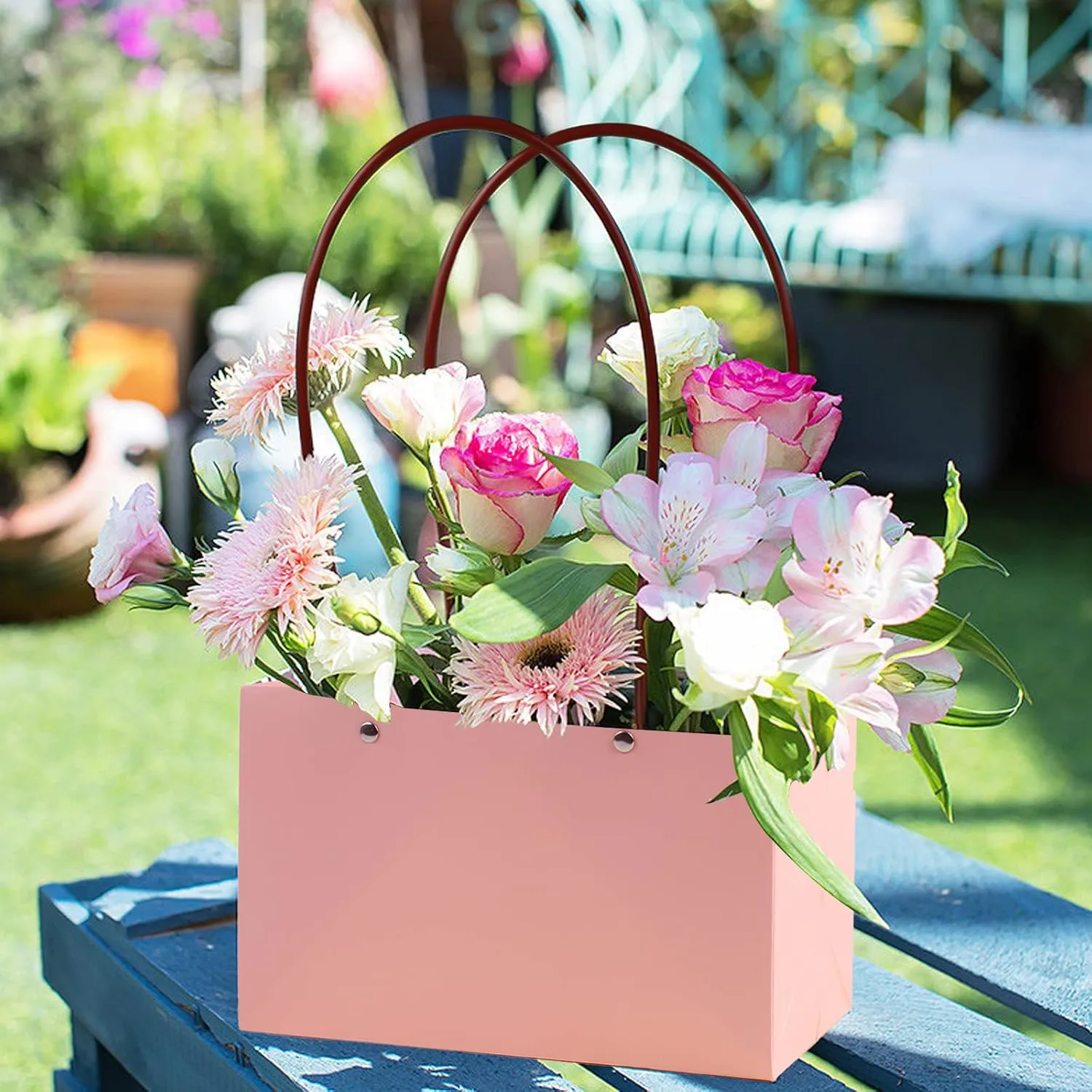 LOMIMOS 5PCS Pink Kraft Flower Gift Bag,Floral Bouquet Waterproof Heavy-Duty Paper Rectangle Tote Carrier Bags with Handle for Mother's Day Birthday Wedding Graduation Party Packaging Wrapping
