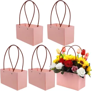 LOMIMOS 5PCS Pink Kraft Flower Gift Bag,Floral Bouquet Waterproof Heavy-Duty Paper Rectangle Tote Carrier Bags with Handle for Mother's Day Birthday Wedding Graduation Party Packaging Wrapping