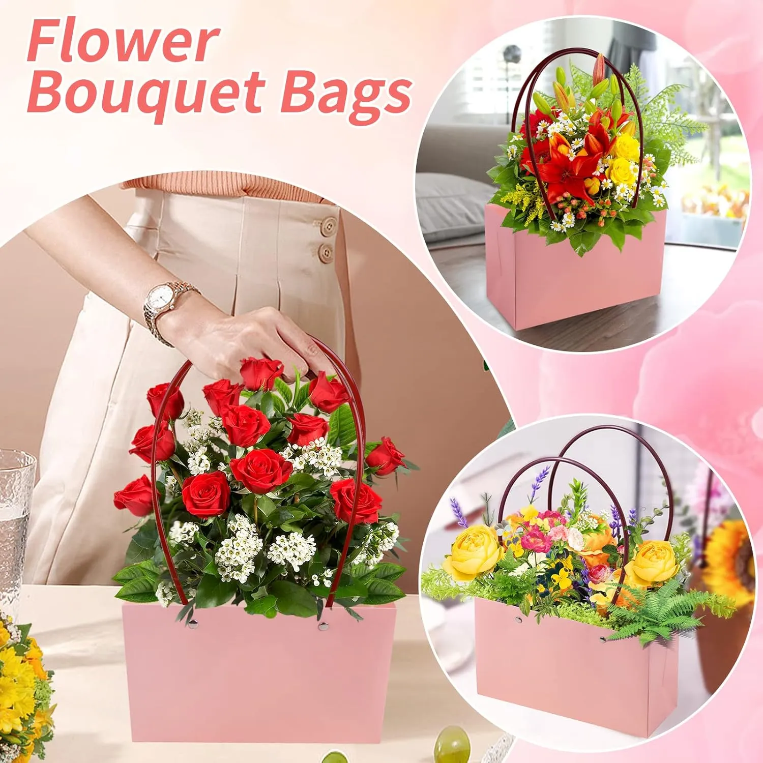 LOMIMOS 5PCS Pink Kraft Flower Gift Bag,Floral Bouquet Waterproof Heavy-Duty Paper Rectangle Tote Carrier Bags with Handle for Mother's Day Birthday Wedding Graduation Party Packaging Wrapping