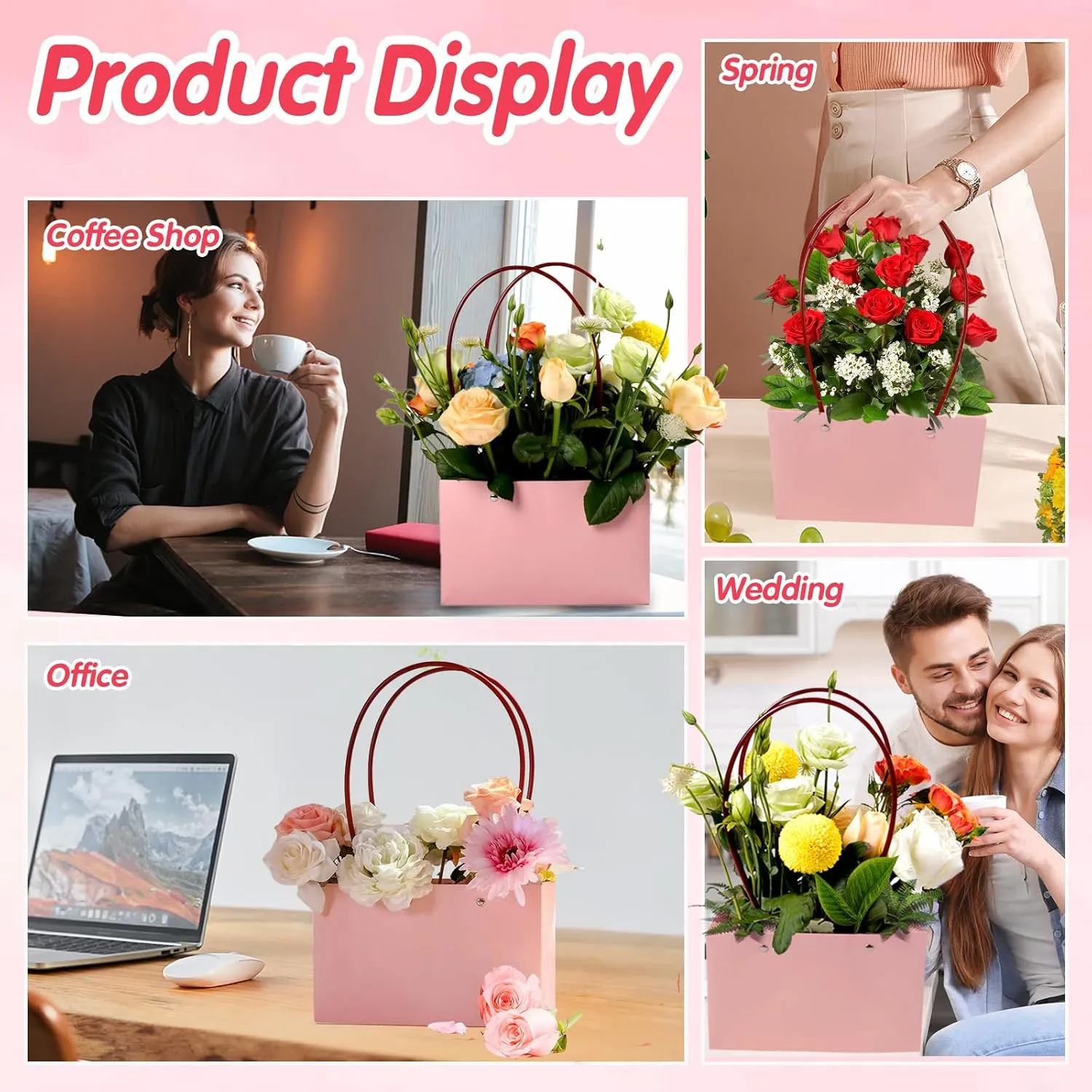 LOMIMOS 5PCS Pink Kraft Flower Gift Bag,Floral Bouquet Waterproof Heavy-Duty Paper Rectangle Tote Carrier Bags with Handle for Mother's Day Birthday Wedding Graduation Party Packaging Wrapping