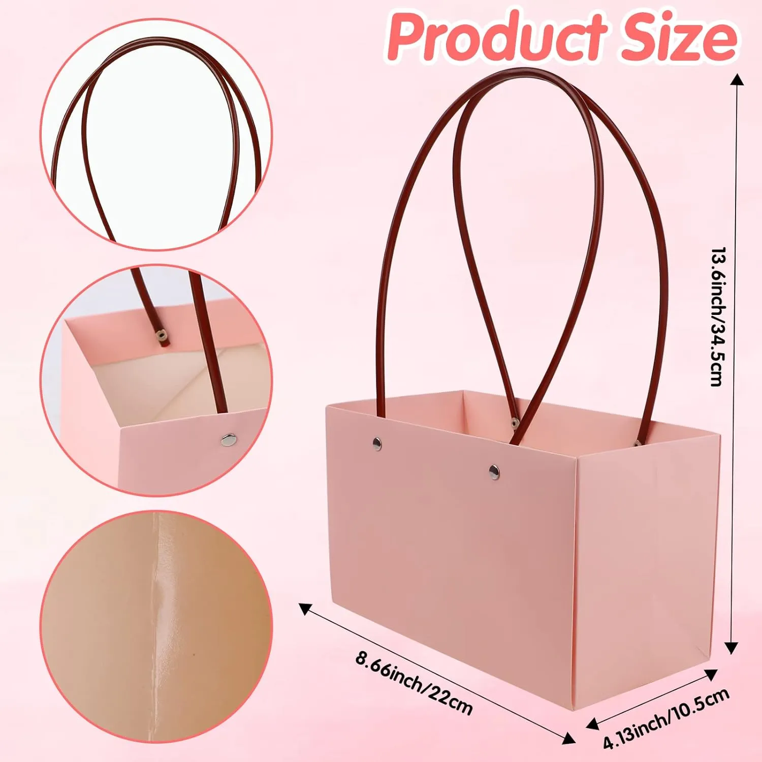 LOMIMOS 5PCS Pink Kraft Flower Gift Bag,Floral Bouquet Waterproof Heavy-Duty Paper Rectangle Tote Carrier Bags with Handle for Mother's Day Birthday Wedding Graduation Party Packaging Wrapping