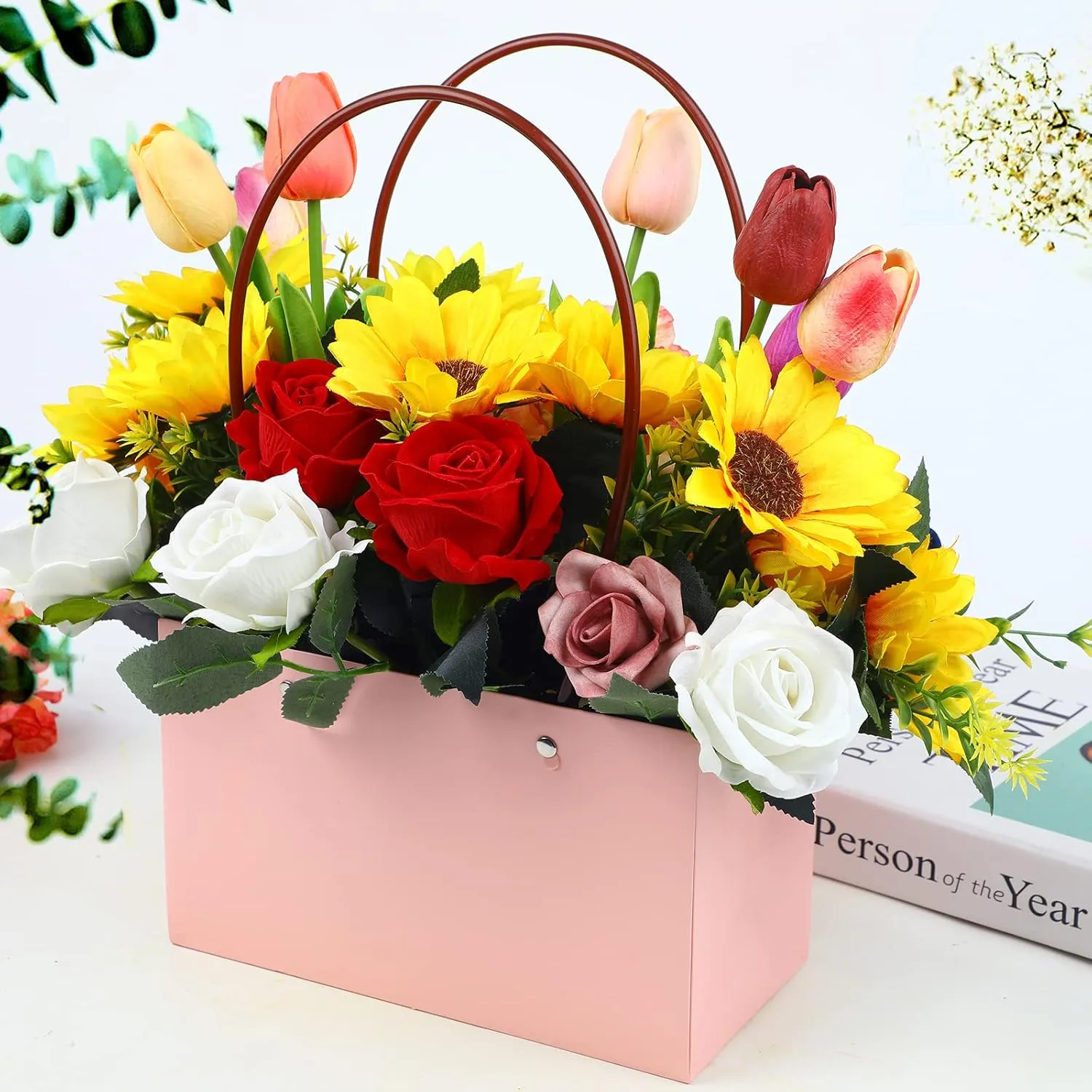 LOMIMOS 5PCS Pink Kraft Flower Gift Bag,Floral Bouquet Waterproof Heavy-Duty Paper Rectangle Tote Carrier Bags with Handle for Mother's Day Birthday Wedding Graduation Party Packaging Wrapping