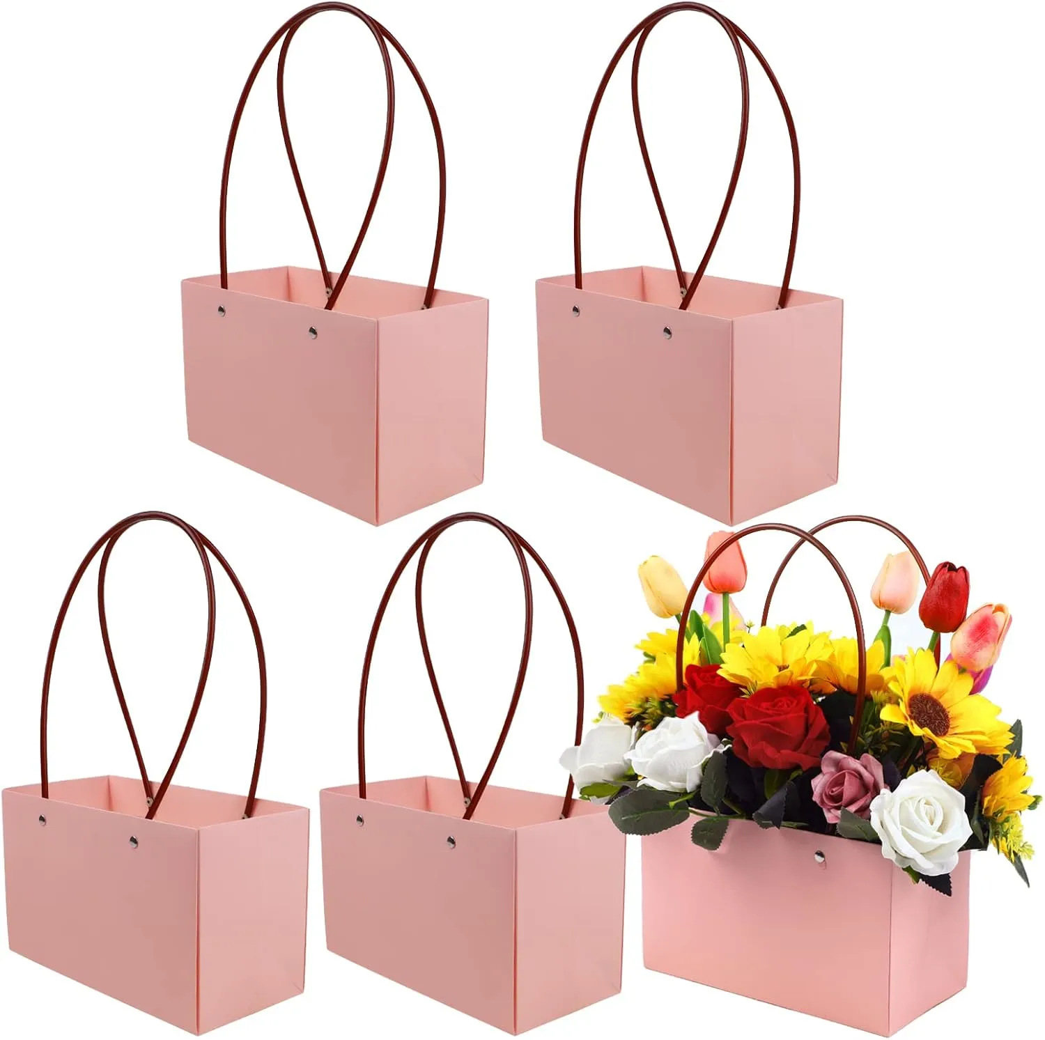 LOMIMOS 5PCS Pink Kraft Flower Gift Bag,Floral Bouquet Waterproof Heavy-Duty Paper Rectangle Tote Carrier Bags with Handle for Mother's Day Birthday Wedding Graduation Party Packaging Wrapping