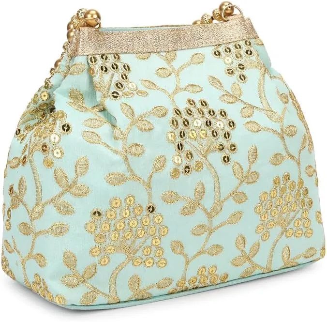 LONGING TO BUY Potli Bags for Women Embroidered Evening Purses with Gold Pearl Handle, Indian Women Potli Bags for Wedding